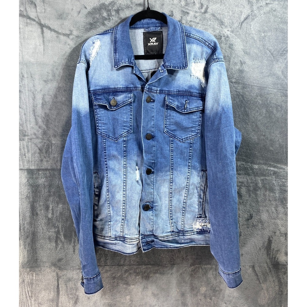 XR Xray Jeans Denim Trucker Jacket Mens XL Blue Ombre Distressed Patchwork NEW
